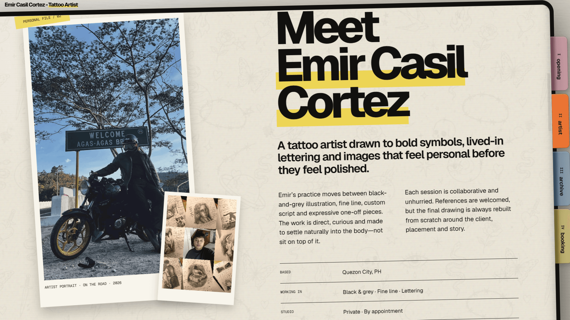 Emir Casil Cortez artist profile page in the interactive sketchbook